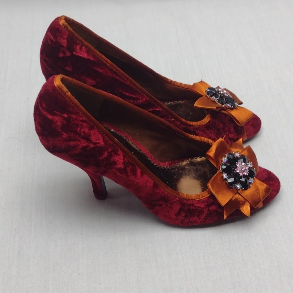Poetic License Burgundy Velvet Heels with Gold Bow & Jewel Accent